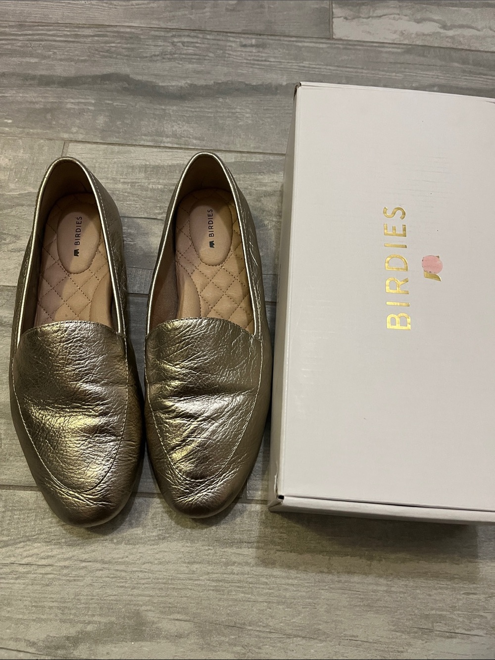 Birdies Metallic Gold Leather Loafers